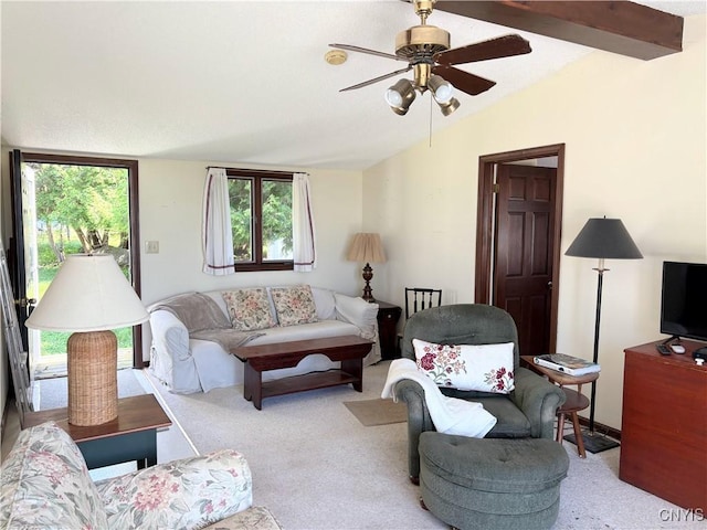 5366 Clark Point Rd, Henderson, NY 13651 - carpeted living room with lofted ceiling and a ceiling fan