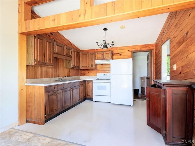5366 Clark Point Rd, Henderson, NY 13651 - kitchen featuring white appliances, lofted ceiling, light countertops, under cabinet range hood, and a chandelier