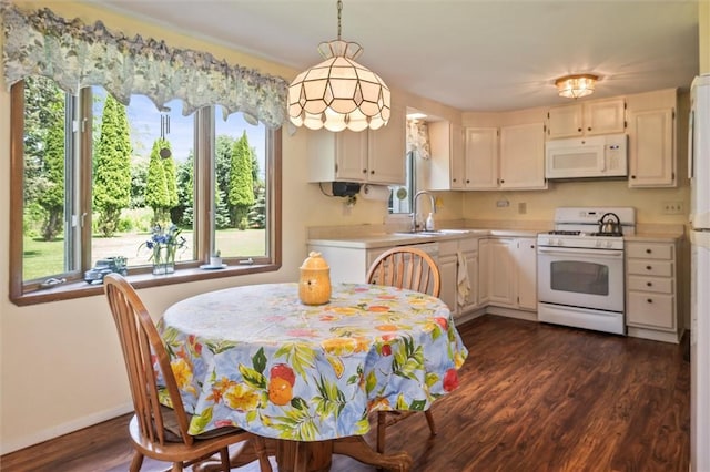 38 Tobin Rd, Henrietta, NY 14467 - kitchen with white appliances, light countertops, dark wood-type flooring, and decorative light fixtures