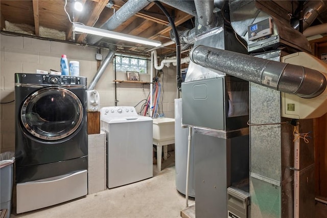38 Tobin Rd, Henrietta, NY 14467 - laundry room with washing machine and dryer and heating unit
