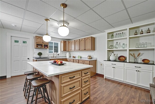 214 Ludington St, Buffalo, NY 14206 - kitchen with open shelves, a paneled ceiling, dark wood finished floors, a breakfast bar area, and decorative light fixtures