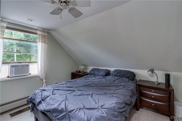 32227 County Route 22, Antwerp, NY 13691 - carpeted bedroom with a baseboard radiator, lofted ceiling, cooling unit, and ceiling fan