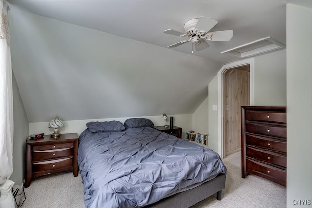 32227 County Route 22, Antwerp, NY 13691 - bedroom with light colored carpet, lofted ceiling, a ceiling fan, and attic access