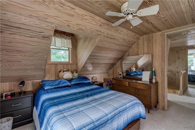 32227 County Route 22, Antwerp, NY 13691 - bedroom with light colored carpet, wood ceiling, wood walls, lofted ceiling, and ceiling fan