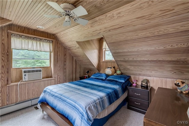 32227 County Route 22, Antwerp, NY 13691 - carpeted bedroom with wood walls, wooden ceiling, vaulted ceiling, a baseboard radiator, and a ceiling fan