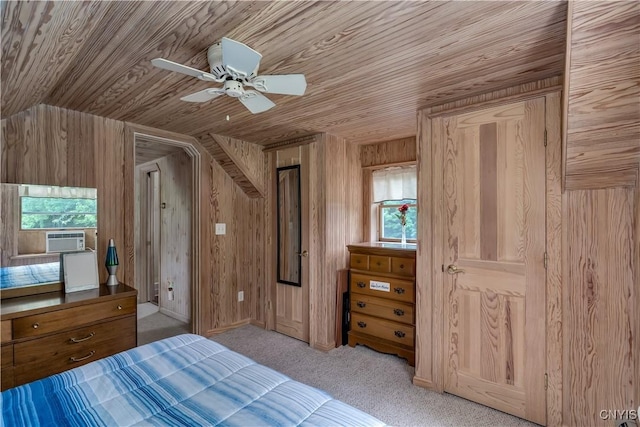 32227 County Route 22, Antwerp, NY 13691 - carpeted bedroom featuring multiple windows, cooling unit, wood ceiling, wooden walls, and a ceiling fan