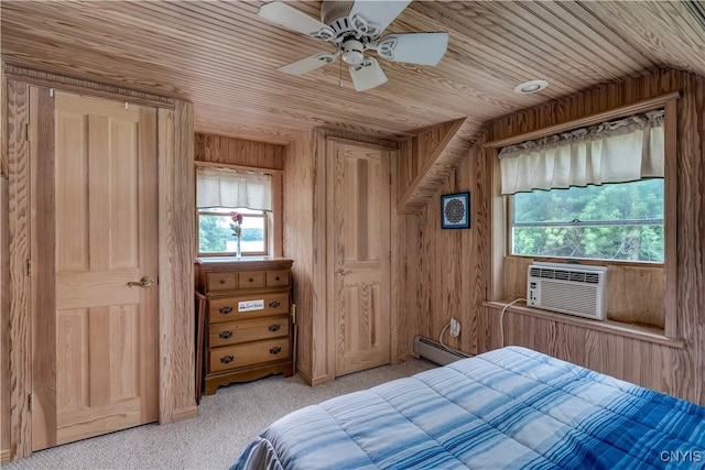 32227 County Route 22, Antwerp, NY 13691 - bedroom featuring a baseboard heating unit, cooling unit, wood ceiling, light carpet, and a ceiling fan