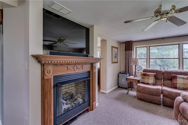 32227 County Route 22, Antwerp, NY 13691 - living room with ceiling fan, carpet floors, and a fireplace
