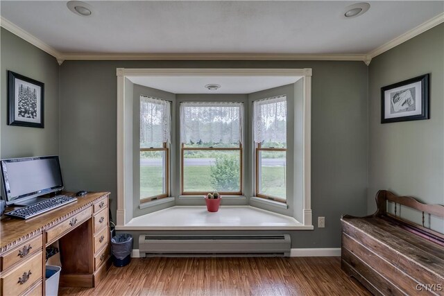 32227 County Route 22, Antwerp, NY 13691 - bathroom with baseboard heating, ornamental molding, wood finished floors, and a bathtub