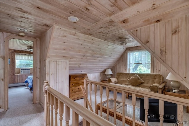 32227 County Route 22, Antwerp, NY 13691 - hall with wooden ceiling, a baseboard radiator, plenty of natural light, wood walls, and an upstairs landing