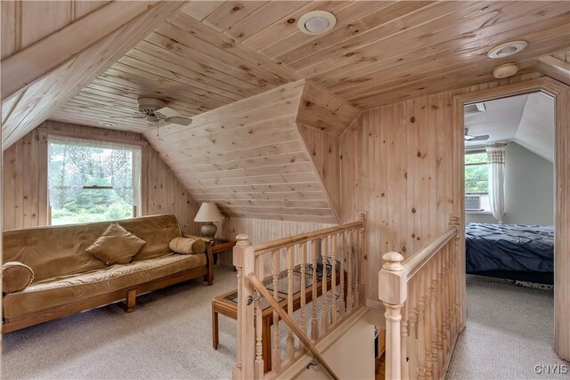 32227 County Route 22, Antwerp, NY 13691 - additional living space featuring carpet floors, ceiling fan, vaulted ceiling, wood walls, and wood ceiling