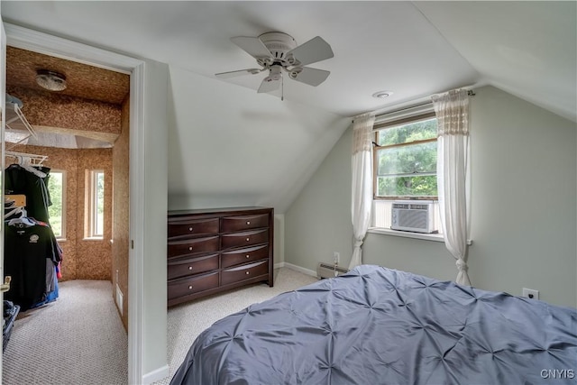 32227 County Route 22, Antwerp, NY 13691 - bedroom featuring cooling unit, a baseboard radiator, lofted ceiling, light carpet, and ceiling fan