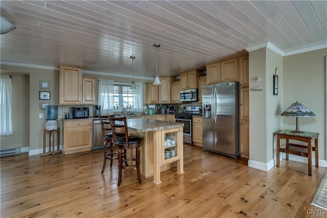 28005/08 Stony Point Rd, Cape Vincent, NY 13618 - kitchen featuring stainless steel appliances, light brown cabinetry, ornamental molding, a kitchen island, and light wood finished floors