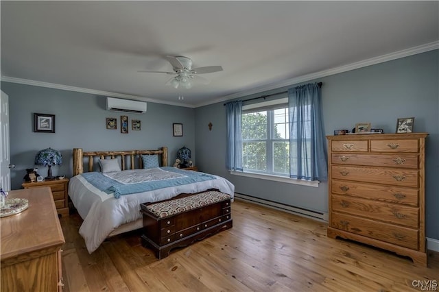 28005/08 Stony Point Rd, Cape Vincent, NY 13618 - bedroom featuring baseboard heating, a wall mounted AC, ornamental molding, light wood-type flooring, and a ceiling fan
