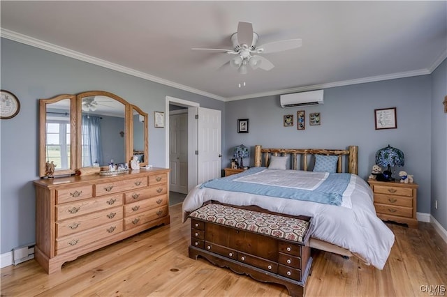 28005/08 Stony Point Rd, Cape Vincent, NY 13618 - bedroom featuring a wall unit AC, light wood-type flooring, crown molding, ceiling fan, and a baseboard heating unit