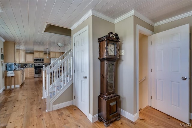 28005/08 Stony Point Rd, Cape Vincent, NY 13618 - stairway featuring wood-type flooring, crown molding, and wood ceiling