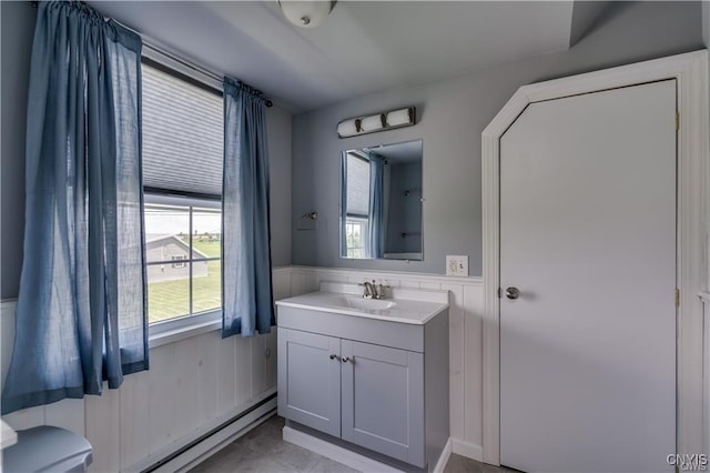 28005/08 Stony Point Rd, Cape Vincent, NY 13618 - bathroom featuring vanity, plenty of natural light, wainscoting, and a baseboard heating unit