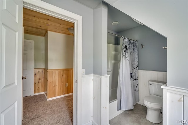28005/08 Stony Point Rd, Cape Vincent, NY 13618 - full bathroom with a wainscoted wall, wood ceiling, wooden walls, and shower / bath combo with shower curtain