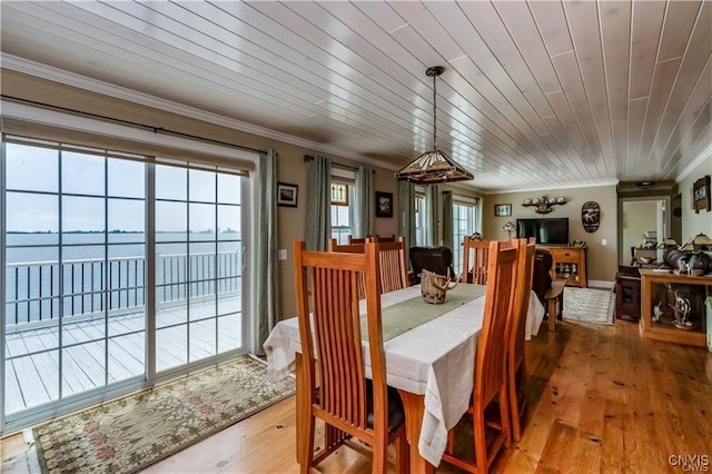28005/08 Stony Point Rd, Cape Vincent, NY 13618 - dining area featuring crown molding, light wood-type flooring, and wood ceiling