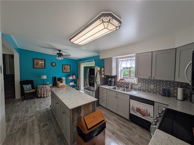 1525 S Ave, Lewis Run, PA 16738 - kitchen with dishwasher, stainless steel fridge, gray cabinets, and range with electric cooktop