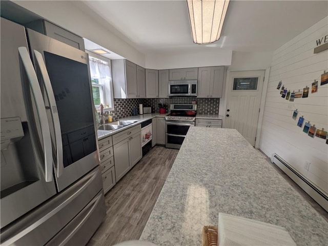 1525 S Ave, Lewis Run, PA 16738 - kitchen featuring appliances with stainless steel finishes, gray cabinets, backsplash, and wooden walls