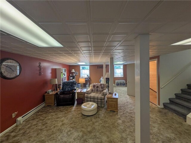 1525 S Ave, Lewis Run, PA 16738 - living area with baseboard heating, carpet flooring, and stairway
