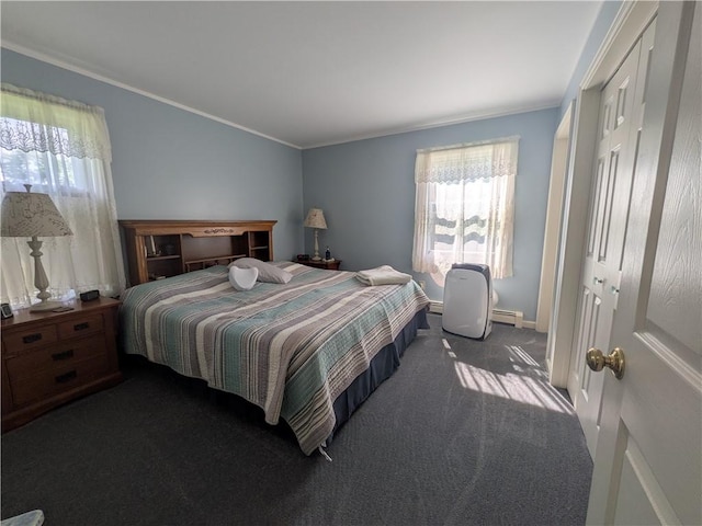1525 S Ave, Lewis Run, PA 16738 - carpeted bedroom featuring a baseboard heating unit and ornamental molding
