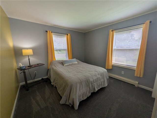1525 S Ave, Lewis Run, PA 16738 - bedroom with baseboard heating, carpet, and ornamental molding