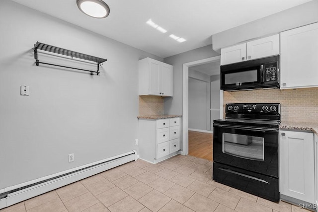 113 Craig Cir, Dewitt, NY 13214 - kitchen with black appliances, a baseboard radiator, decorative backsplash, white cabinetry, and light stone countertops