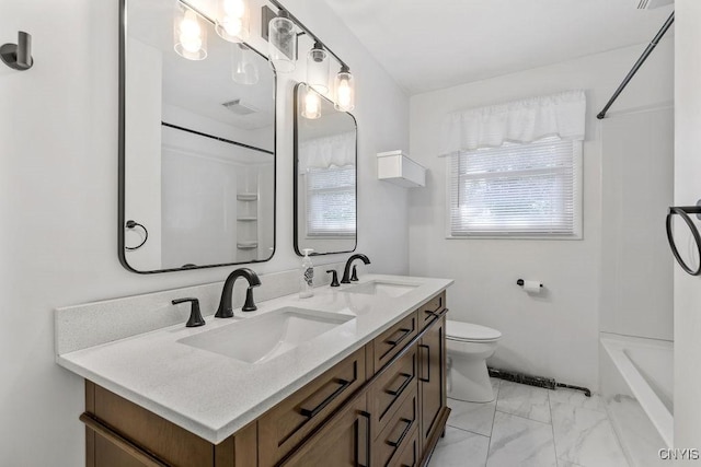 113 Craig Cir, Dewitt, NY 13214 - bathroom featuring marble look tile flooring, double vanity, and bathing tub / shower combination