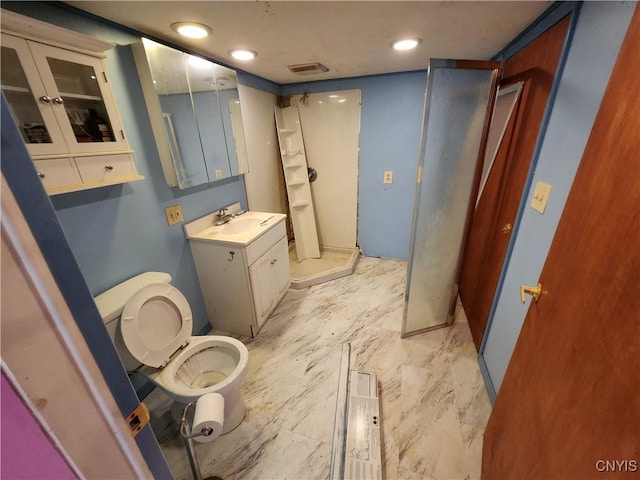 114 Stevens Pl, Syracuse, NY 13210 - bathroom featuring a stall shower, vanity, marble finish flooring, and recessed lighting