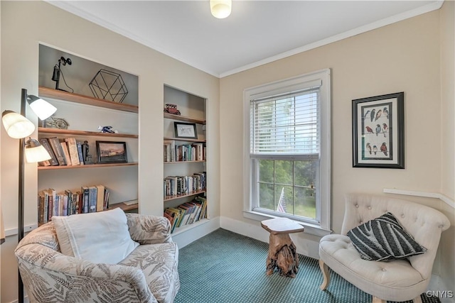 6188 Lake St, Aurelius, NY 13034 - living area with carpet floors, crown molding, and built in features