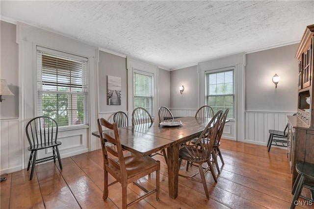 6188 Lake St, Aurelius, NY 13034 - dining space with wood-type flooring, a textured ceiling, wainscoting, and a decorative wall