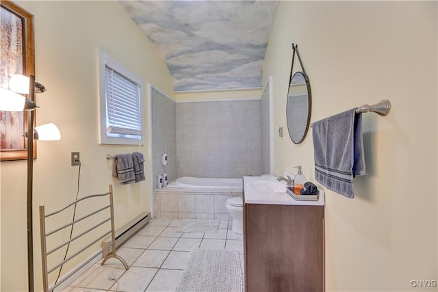 6188 Lake St, Aurelius, NY 13034 - full bath featuring tile patterned floors, vanity, tiled bath, and a baseboard heating unit