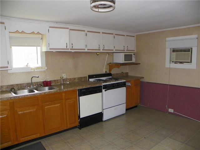 202-204-206 N Monroe St, Reading, NY 14891 - kitchen with white appliances, ornamental molding, white cabinetry, a wall mounted air conditioner, and backsplash