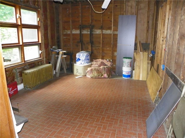 202-204-206 N Monroe St, Reading, NY 14891 - below grade area featuring radiator heating unit, brick patterned flooring, and wooden walls