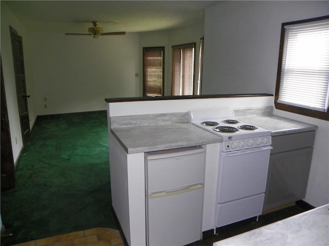 202-204-206 N Monroe St, Reading, NY 14891 - kitchen with white electric stove, a ceiling fan, dark carpet, and light countertops