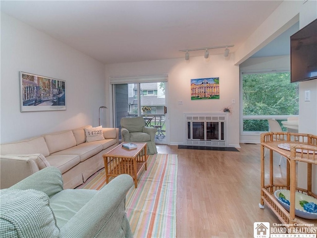 29 Elm Ln Unit 24, Chautauqua, NY 14722 - living area featuring track lighting, light wood finished floors, plenty of natural light, and a glass covered fireplace