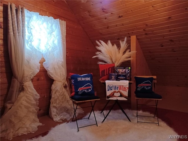 41 N Franklin St, New Albion, NY 14719 - sitting room with lofted ceiling, wood walls, and carpet