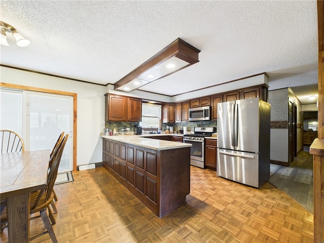 1029 Barden Brk, Ceres, PA 16731 - kitchen featuring appliances with stainless steel finishes, a peninsula, light countertops, decorative backsplash, and recessed lighting