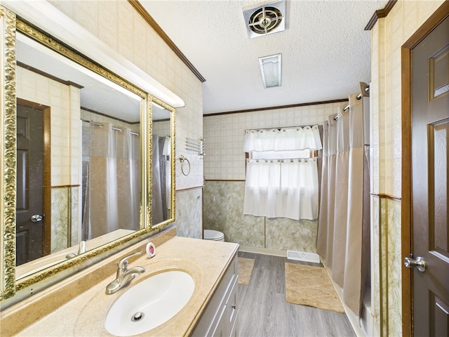 1029 Barden Brk, Ceres, PA 16731 - bathroom with wood finished floors, vanity, wallpapered walls, a shower, and a textured ceiling