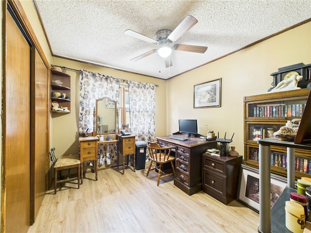 1029 Barden Brk, Ceres, PA 16731 - home office with a textured ceiling, a ceiling fan, light wood-style flooring, and crown molding