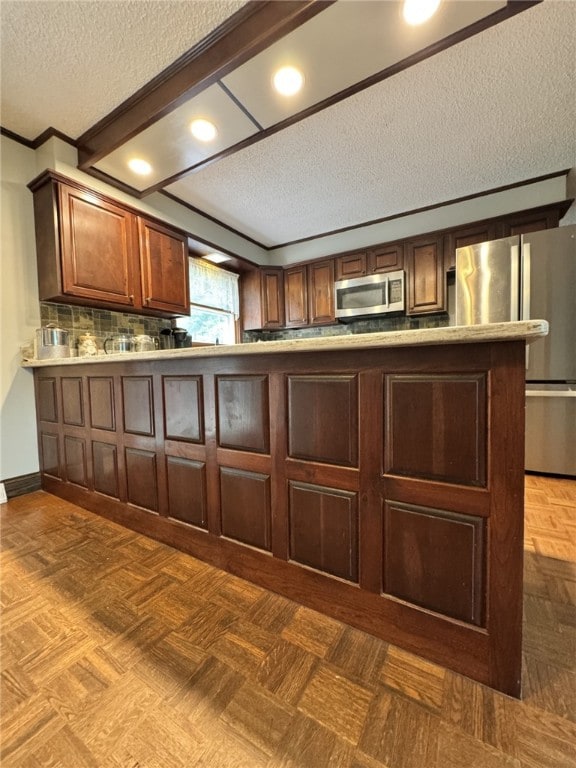 1029 Barden Brk, Ceres, PA 16731 - kitchen featuring appliances with stainless steel finishes, a textured ceiling, backsplash, recessed lighting, and crown molding