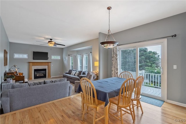 8879 Kilkenny Dr, Lysander, NY 13027 - dining space with light wood finished floors, a ceiling fan, and a glass covered fireplace