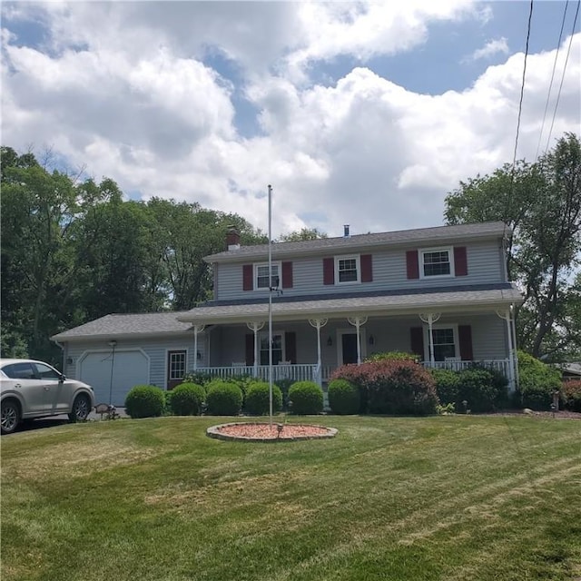 56 Briarcliff, Horseheads, NY 14845 - view of front of house with a porch, an attached garage, a front lawn, and a chimney
