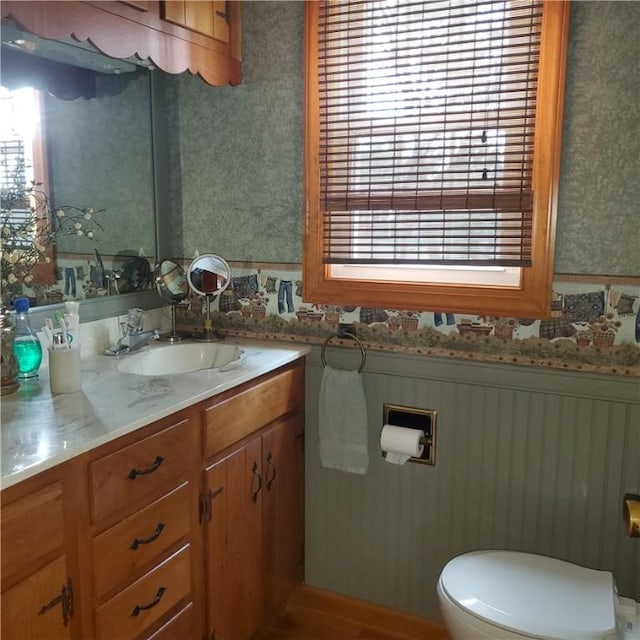 56 Briarcliff, Horseheads, NY 14845 - bathroom featuring wallpapered walls, wainscoting, and vanity