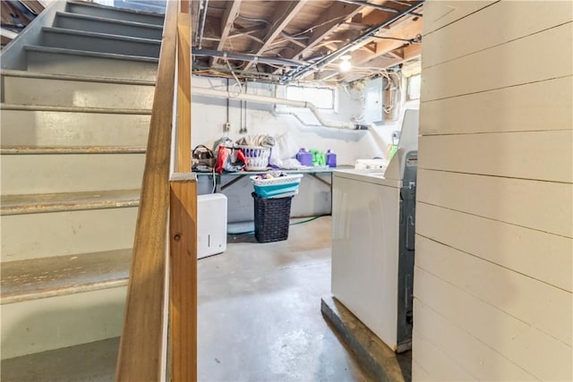 5978 State Route 21st Hwy, Williamson, NY 14589 - below grade area with washer / clothes dryer and stairs
