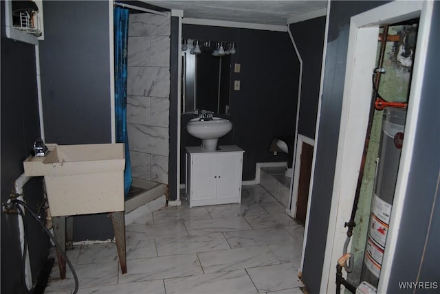 3028 Welch Ave, Niagara Falls, NY 14303 - full bath featuring marble look tiles, a stall shower, and water heater