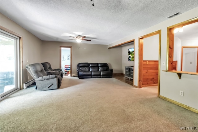 2035 Centerline Rd, Sheldon, NY 14167 - living area with carpet, healthy amount of natural light, a textured ceiling, ceiling fan, and a baseboard radiator