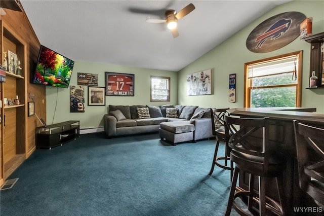 2035 Centerline Rd, Sheldon, NY 14167 - carpeted living room with a ceiling fan, lofted ceiling, and baseboard heating
